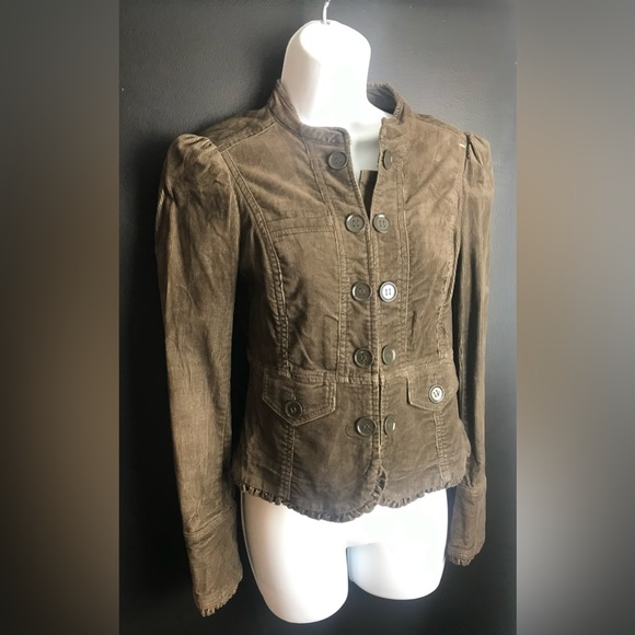 Anthro CIDRA Corduroy Military Jacket Coat Blazer Brown Ruffle Puff Shoulder - Picture 10 of 11